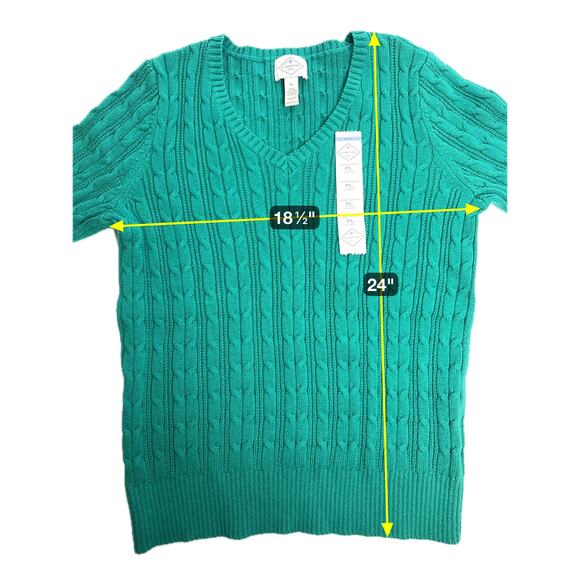 NWT St. John's Bay Green Cable Knit V-Neck Sweater Womens Petite Size PL Preppy - Picture 10 of 10